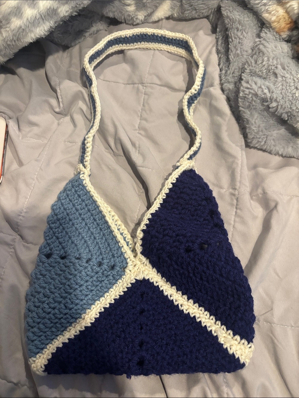 Handmade Crochet Triangle Halter Bag in Navy, Blue & Cream